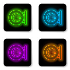 Glowing neon line Star and crescent - symbol of Islam icon isolated on white background. Religion symbol. Black square button. Vector.