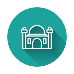 White line Muslim Mosque icon isolated with long shadow background. Green circle button. Vector.