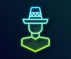 Glowing neon line Mexican man wearing sombrero icon isolated on black background. Hispanic man with a mustache. Vector.