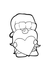 Black line a cute Gnomes standing with heart. Hand drawn chibi cartoon character. Doodle for coloring, decoration or any design. Vector illustration of kid.