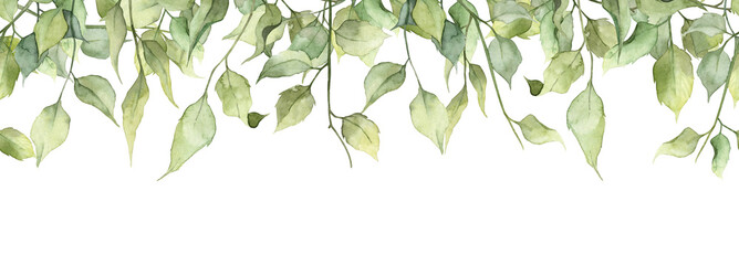 Long seamless banner with hand painted watercolor green leaves