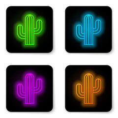 Obraz premium Glowing neon line Cactus icon isolated on white background. Black square button. Vector.