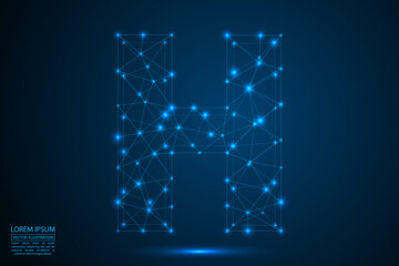 English letters abstract font consists 3d of triangles, lines, dots and connections. On a dark blue background cosmic universe stars, meteorites, galaxies. Vector illustration EPS 10.