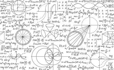 Math vector seamless pattern with handwritten formulas, plots and scientific calculations - obrazy, fototapety, plakaty