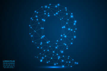 English letters abstract font consists 3d of triangles, lines, dots and connections. On a dark blue background cosmic universe stars, meteorites, galaxies. Vector illustration EPS 10.