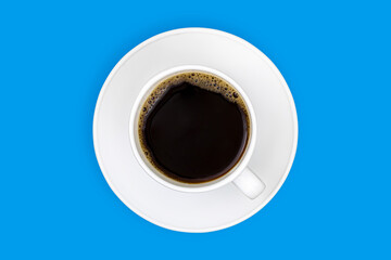 White cups with coffee on a bright colored background.