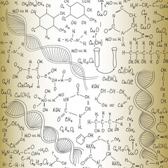 Chemistry and biology educational vector seamless pattern with handwritten formulas and dna strands, molecular equations