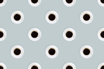 Cup of coffee seamless pattern. White cups with coffee on a bright colored background.