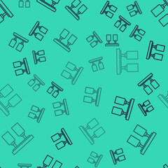 Black line Led track lights and lamps with spotlights icon isolated seamless pattern on green background. Vector.