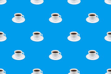 Cup of coffee seamless pattern. White cups with coffee on a bright colored background.