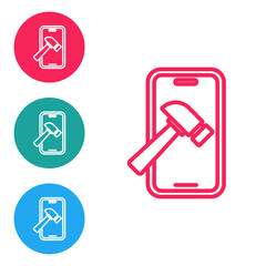 Red line Smartphone with broken screen icon isolated on white background. Shattered phone screen icon. Set icons in circle buttons. Vector.