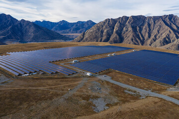 Solar power plant in the Altai Mountains. Aerial view.