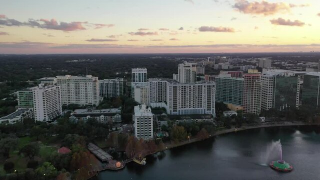 Orlando, Florida, USA - July 15, 2020 : Downtown Orlando; the historic core and central business district of Orlando, Florida. Shot during the COVID Pandemic in July, 2020.
