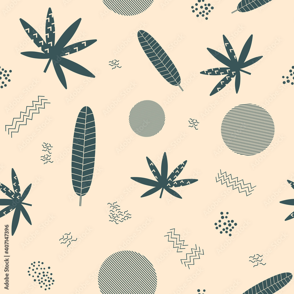 Poster seamless pattern with tropical leaves and abstract shapes. botanical fashion design in trendy earthy