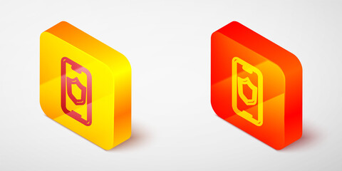 Isometric line Smartphone, mobile phone with security shield icon isolated on grey background. Security, safety, protection concept. Yellow and orange square button. Vector.