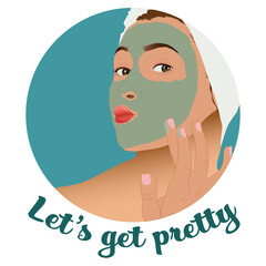 Woman is having a bath time and wearing clay mask. Beauty procedures. Cosmetics. Red lips, pink nails. Makeup, towel, spa.