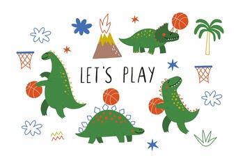 Cute Dinosaurs playing basketball - vector illustration in flat style. Cartoon dino with basketball