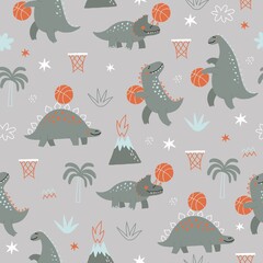Cute Dinosaurs playing basketball - vector illustration in flat style. Cartoon dino with basketball seamless pattern