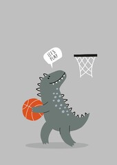 Cute Dinosaurs playing basketball - vector illustration in flat style. Cartoon dino with basketball
