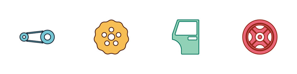 Set Timing belt kit, Gear, Car door and wheel icon. Vector.