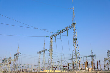 Modern electrical substation on sunny day, low angle view