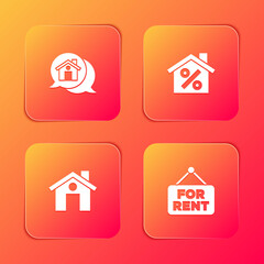 Set Real estate message house, House with percant discount, and Hanging sign For Rent icon. Vector.