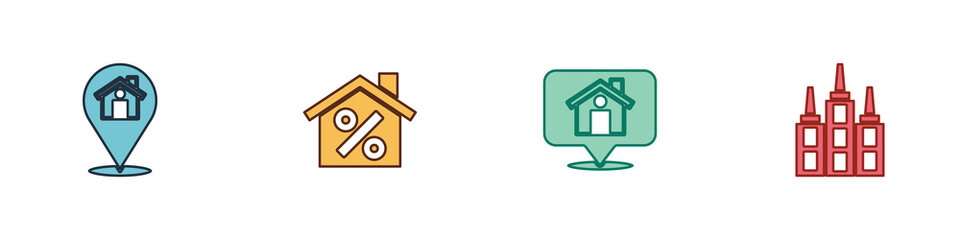 Set Location with house, House percant discount, and Skyscraper icon. Vector.