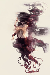 A woman in a red dress with ribbons and airy fabric poses underwater against a light background as...
