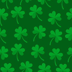 Pattern with a clover on a green background. The pattern can be used in seasonal design for St. Patrick's Day, textiles, curtains, wallpaper