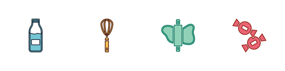 Set Bottle with milk, Kitchen whisk, Rolling pin on dough and Candy icon. Vector.