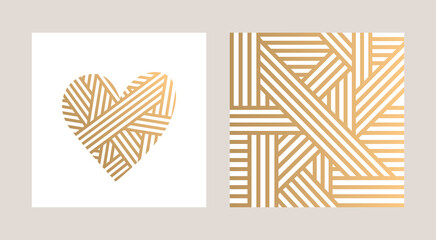 Greeting card and gold seamless pattern. Happy Valentines Day. Gold abstract heart. Vector.	