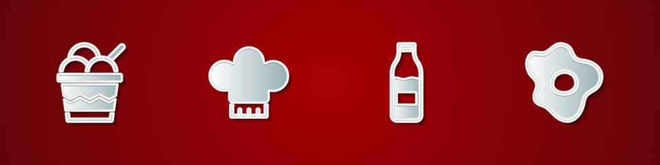 Set Ice cream in bowl, Chef hat, Bottle with milk and Scrambled eggs icon. Vector.