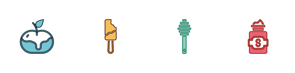 Set Apple in caramel, Ice cream, Honey dipper stick and Jar of sugar icon. Vector.