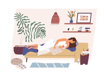 Fototapeta premium Tired and happy mom with newborn baby sleeping together in modern cozy room. Mother and child lying on bed. Colored flat vector illustration isolated on white background