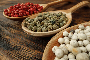 Red, green and white peppercorns spice macro