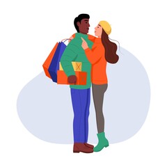 A young man and a woman in winter clothes with purchases and gifts in their hands. A couple in love embraces. Flat cartoon vector illustration. Valentine's Day