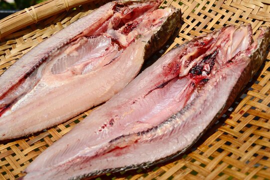 Homemade Thai Fish preservation by using  Sun drying technique on the bamboo basket.