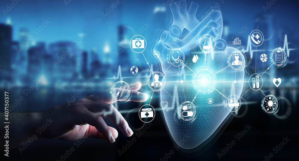 Poster Man hand using digital x-ray of human heart holographic scan projection 3D rendering