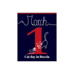 Calendar sheet, vector illustration on the theme of Cat day in Russia on March 1. Decorated with a handwritten inscription MARCH and outline cat.