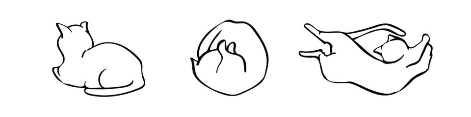 Set of cute cats isolated. Adorable kitty doodle, cartoon character sketch. Graphic outlined pets for prints, fabric texture pattern. Contour drawing meow kitten collection for tattoo, postcard