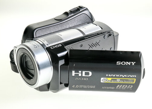 Norwich, Norfolk, UK - January 16 2021. An illustrative photo of a retro Sony HDR Handicam video camera isolated on plain white background. 
