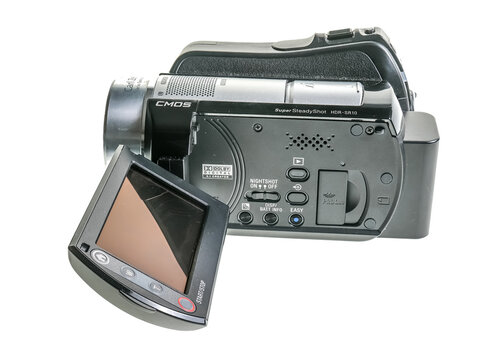 Norwich, Norfolk, UK - January 16 2021. An illustrative photo of a retro Sony HDR Handicam video camera isolated on plain white background. 