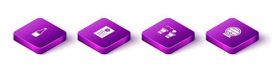 Set Isometric Plastic beer bottle, Beer menu, pong game and Wooden barrel rack icon. Vector.