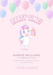 Dancing unicorn with cake. Vector birthday party invitation on pink background.