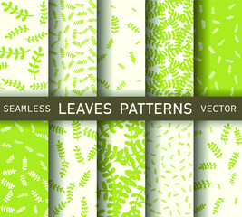 Collection of seamless vector leaves patterns. Stylish design for print, fabric, textile, cover, wrapping etc. Set of 10 eps simple green botanic backgrounds.