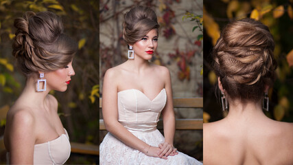 Collages image of a beautiful bride portrait wedding makeup and hairstyle, in white dress outside.