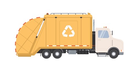 Side view of garbage truck with recycle sign for waste removal. Yellow lorry with refuse hopper and lift bucket for rubbish collection. Colored flat vector illustration isolated on white background © Good Studio