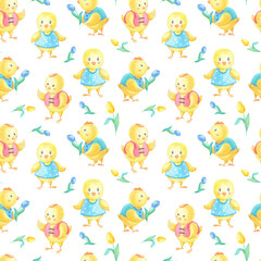 Obraz na płótnie Canvas Watercolor Easter seamless pattern with cute yellow chickens in clothes, blue tulipes flower on white background