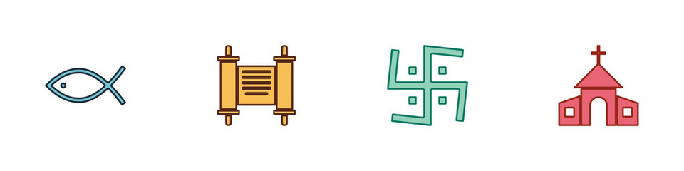 Set Christian fish, Decree, paper, parchment, scroll, Hindu swastika and Church building icon. Vector.