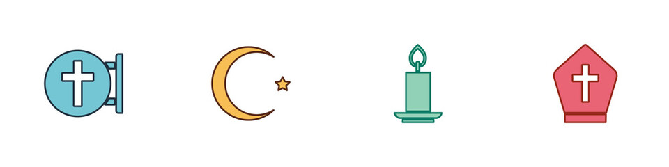 Obraz premium Set Christian cross, Star and crescent, Burning candle and Pope hat icon. Vector.